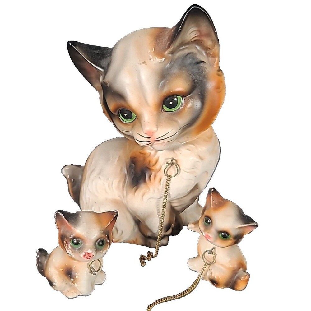 Vintage Arnart Calico Mother Cat with 2 Baby Kittens on Chains Ceramic Japan
